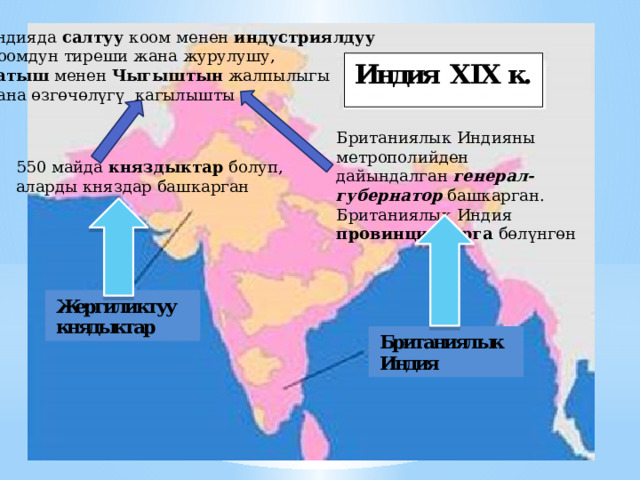 Индияда салтуу коом менен индустриялдуу  коомдун тиреши жана журулушу, Батыш менен Чыгыштын жалпылыгы жана ө зг ө ч ө л ү г ү кагылышты Британиялык Индияны метрополийден дайындалган генерал-губернатор башкарган. Британиялык Индия провинцияларга б ө л ү нг ө н 550 майда княздыктар болуп, аларды княздар башкарган 