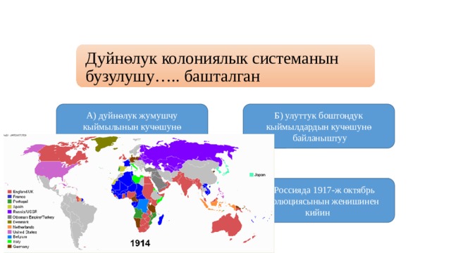 Дуйнөлук колониялык системанын бузулушу….. башталган А) дуйнөлук жумушчу кыймылынын кучөшунө Б) улуттук боштондук кыймылдардын кучөшунө  байланыштуу  байланыштуу  В) коммунисттик партиянын тузулушунөн кийин Г) Россияда 1917-ж октябрь революциясынын женишинен кийин  