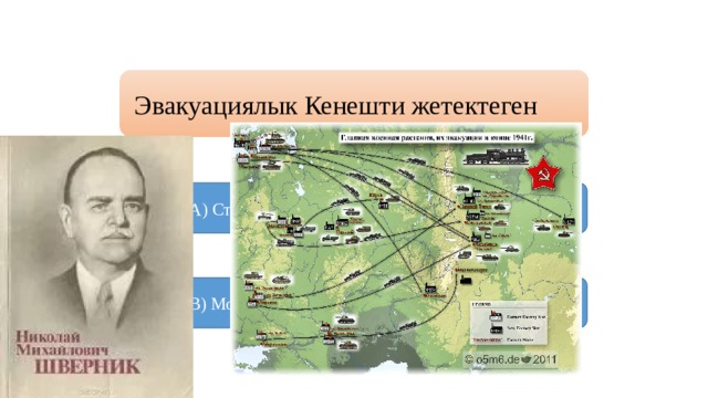 Эвакуациялык Кенешти жетектеген А) Сталин Б) Жуков  В) Молотов Г) Шверник 