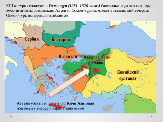 XIII к. т ү рк-селджуктар Осмондун (1281–1326 ж.ж.) башчылыгында к ө з каранды эместигигин жарыялашкан. Ал алгач Осмон-т ү рк мамлекети аталып, кийинчерээк Осмон-т ү рк империясына айланган Аз гана убакыт ичинде алар Кичи Азиянын чо ң б ө л ү г ү алардын карамагына ө тк ө н 
