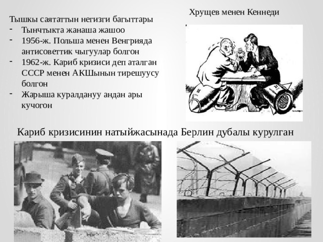 Хрущев менен Кеннеди Тышкы саятаттын негизги багыттары Тынчтыкта жанаша жашоо 1956-ж. Польша менен Венгрияда антисоветтик чыгуулар болгон 1962-ж. Кариб кризиси деп аталган СССР менен АКШынын тирешуусу болгон Жарыша куралдануу андан ары кучогон Кариб кризисинин натыйжасынада Берлин дубалы курулган 