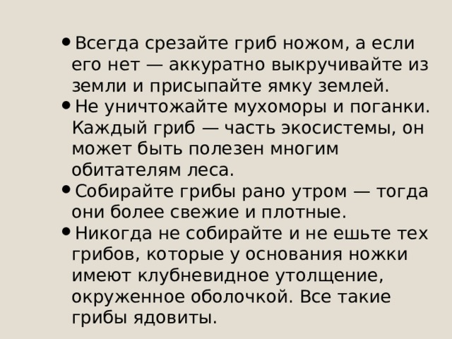 Всегда срезайте гриб ножом, а если его нет — аккуратно выкручивайте из земли и присыпайте ямку землей. Не уничтожайте мухоморы и поганки. Каждый гриб — часть экосистемы, он может быть полезен многим обитателям леса. Собирайте грибы рано утром — тогда они более свежие и плотные. Никогда не собирайте и не ешьте тех грибов, которые у основания ножки имеют клубневидное утолщение, окруженное оболочкой. Все такие грибы ядовиты. 