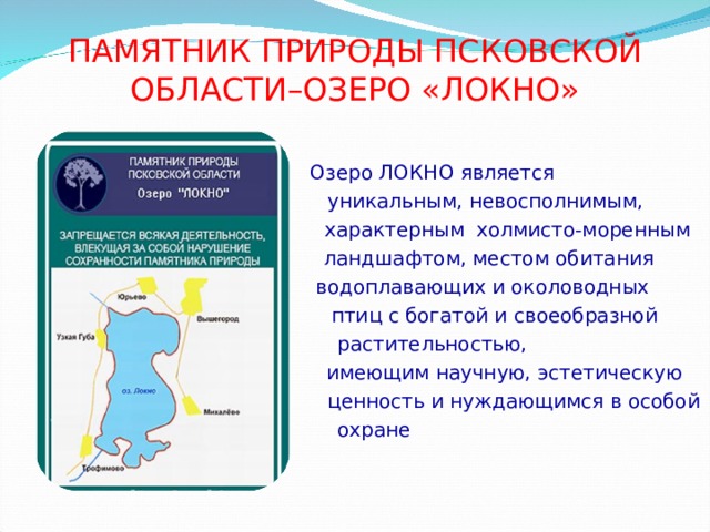 ПАМЯТНИК ПРИРОДЫ ПСКОВСКОЙ ОБЛАСТИ–ОЗЕРО «ЛОКНО»  Озеро ЛОКНО является  уникальным, невосполнимым,  характерным холмисто-моренным  ландшафтом, местом обитания  водоплавающих и околоводных  птиц с богатой и своеобразной  растительностью,  имеющим научную, эстетическую  ценность и нуждающимся в особой  охране 