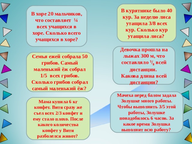 В курятнике было 40 кур. За неделю лиса утащила 3/8 всех кур. Сколько кур утащила лиса? В хоре 20 мальчиков, что составляет ¼ всех учащихся в хоре. Сколько всего учащихся в хоре? Девочка прошла на лыжах 300 м, что составляло 3 / 8 всей дистанции. Какова длина всей дистанции? Семья ежей собрала 50 грибов. Самый маленький ёж собрал 1/5 всех грибов. Сколько грибов собрал самый маленький ёж ?  Мачеха перед балом задала Золушке много работы. Чтобы выполнить 3/5 этой работы, Золушке понадобилось 6 часов. За какое время Золушка выполнит всю работу? Мама купила 6 кг конфет. Витя сразу же съел всех 2/3 конфет и ему стало плохо. После какого количества конфет у Вити разболелся живот? 