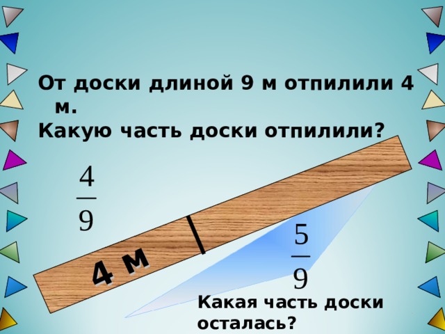4 м От доски длиной 9 м отпилили 4 м. Какую часть доски отпилили?  Какая часть доски осталась? 