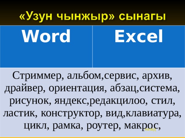 Word Excel  Стриммер, альбом,сервис, архив, драйвер, ориентация, абзац,система, рисунок, яндекс,редакцилоо, стил, ластик, конструктор, вид,клавиатура, цикл, рамка, роутер, макрос, назад 