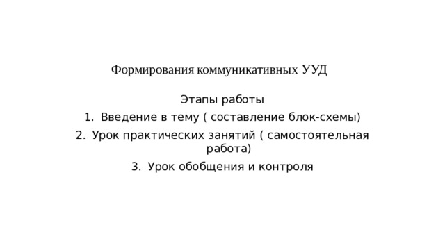 Формирования коммуникативных УУД Этапы работы Введение в тему ( составление блок-схемы) Урок практических занятий ( самостоятельная работа) Урок обобщения и контроля 