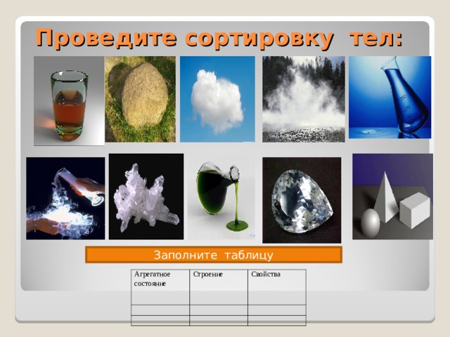 Проведите сортировку тел: Заполните таблицу Агрегатное состояние Строение Свойства 