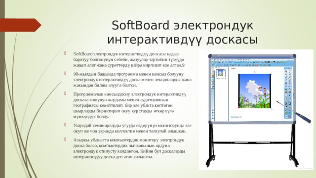 SoftBoard электрондук интерактивдүү доскасы SoftBoard электрондук интерактивдүү доскасы кадыр барктуу болгонунун себеби, жазуулар тартибин түзүүдө жазып алат жана сурөттөрдү кайра киргизип кое алган.9 90-жылдын башында программа менен камсыз болууну электрондук интерактивдүү доска менен лекцияларды жана жакындан билим алууга болгон. Программалык камсыздоону электрондук интерактивдүү доскага коюунун жардамы менен аудиториянын географиясы кеңейтилип, бир эле убакта көптөгөн шаарларды бириктирип окуу курстарды өткөрүүгө мүмкүндүк болду. Ушундай семинарларды угууда өздөрүнүн мониторунда эле окуп же чоң экранда коллектив менен талкулай алышкан. Азыркы убакытта компьютердин монитору электрондук доска болсо, компьютердик чычканынын ордуна электрондук стилусту колдонгон. Кийин бул доскаларды интерактивдуу доска деп атап калышты.  
