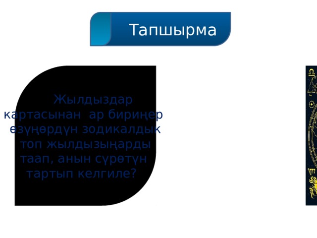  Тапшырма  Жылдыздар картасынан ар бириңер өзүңөрдүн зодикалдык  топ жылдызыңарды таап, анын сүрөтүн тартып келгиле? 