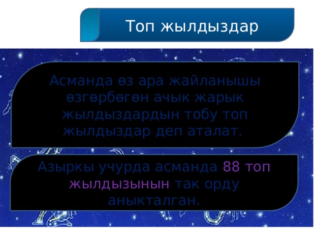  Топ жылдыздар Асманда өз ара жайланышы өзгөрбөгөн ачык жарык жылдыздардын тобу топ жылдыздар деп аталат. Азыркы учурда асманда 88 топ жылдызынын так орду аныкталган. 