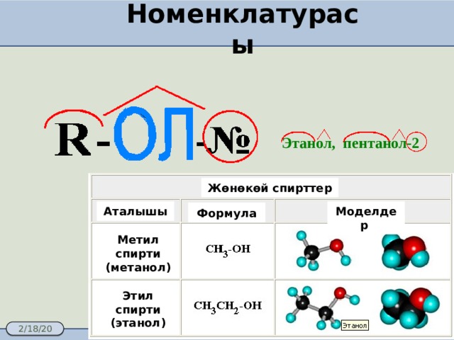 Номенклатурасы  Этанол, пентанол-2 Жөнөкөй спирттер Аталышы Моделдер Формула Метил спирти (метанол) Этил спирти (этанол)  