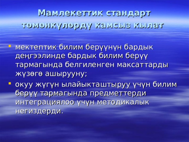 Мамлекеттик стандарт төмөнкүлөрдү камсыз кылат  мектептик билим берүүнүн бардык деңгээлинде бардык билим берүү тармагында белгиленген максаттарды жүзөгө ашырууну; окуу жүгүн ылайыкташтыруу үчүн билим берүү тармагында предметтерди интеграциялоо үчүн методикалык негиздерди. 