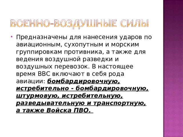 Предназначены для нанесения ударов по авиационным, сухопутным и морским группировкам противника, а также для ведения воздушной разведки и воздушных перевозок. В настоящее время ВВС включают в себя рода авиации:  бомбардировочную, истребительно - бомбардировочную, штурмовую, истребительную, разведывательную и транспортную, а также Войска ПВО.  