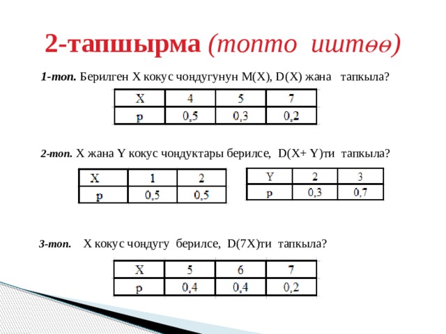 2-тапшырма (топто иштөө) 1-топ. Берилген Х кокус чоңдугунун М(Х), D(Х) жана тапкыла? 2-топ. Х жана Y кокус чоңдуктары берилсе, D(Х+ Y)ти тапкыла?  3-топ. Х кокус чоңдугу берилсе, D(7Х)ти тапкыла? 