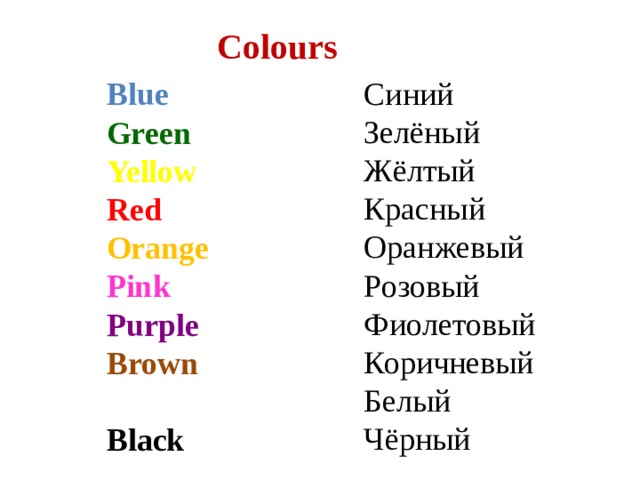 Colours Синий Зелёный Жёлтый Красный Оранжевый Розовый Фиолетовый Коричневый Белый Чёрный Blue Green Yellow Red Orange Pink Purple Brown White Black 