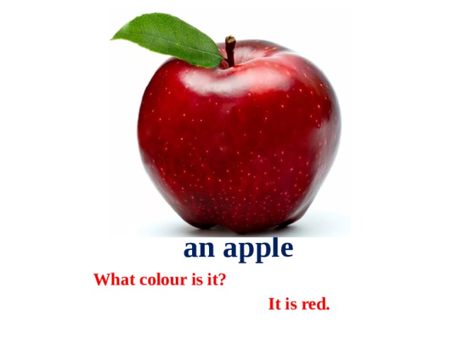  an apple What colour is it?  It is red. 