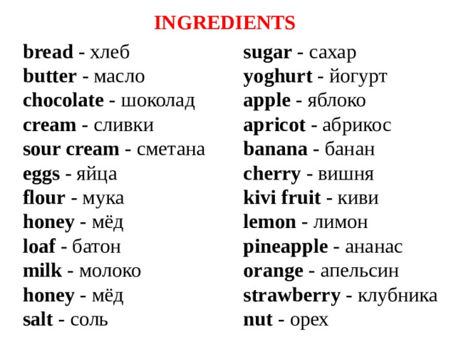 INGREDIENTS bread - хлеб sugar - сахар butter - масло yoghurt - йогурт chocolate - шоколад apple - яблоко cream - сливки apricot - абрикос sour cream - сметана banana - банан cherry - вишня eggs - яйца flour - мука kivi fruit - киви honey - мёд lemon - лимон loaf - батон pineapple - ананас milk - молоко orange - апельсин honey - мёд strawberry - клубника salt - соль nut - орех 