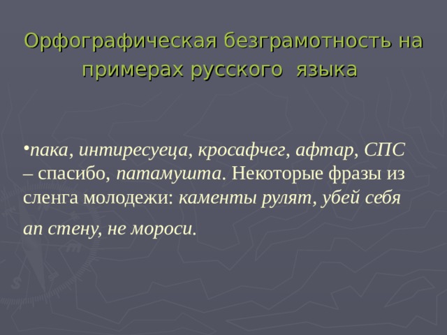 Орфографическая безграмотность на примерах русского языка  пака , интиресуеца , кросафчег , афтар , СПС – спасибо, патамушта . Некоторые фразы из сленга молодежи: каменты рулят, убей себя ап стену, не мороси.  