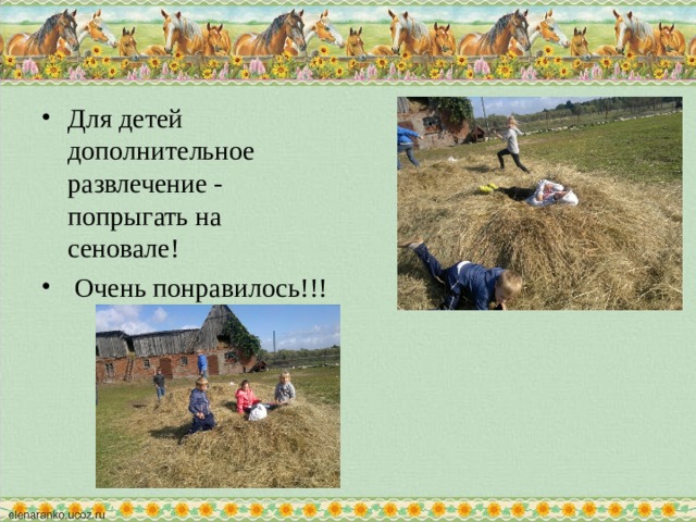 Для детей дополнительное развлечение - попрыгать на сеновале!  Очень понравилось!!! 