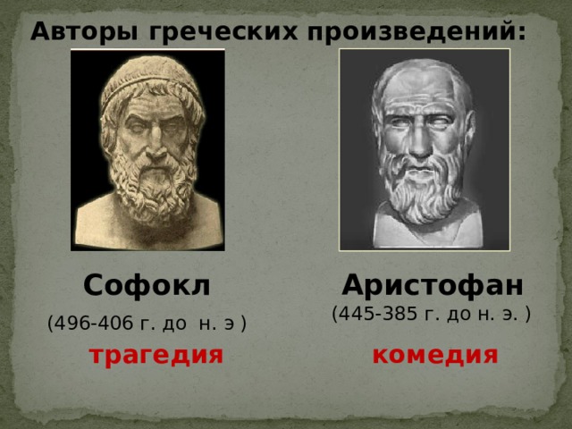 Авторы греческих произведений: Аристофан Софокл  (445-385 г. до н. э. ) (496-406 г. до н. э )  комедия трагедия 