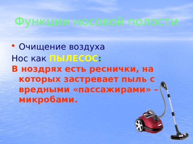Функции носовой полости Очищение воздуха Нос как  ПЫЛЕСОС : В ноздрях есть реснички, на которых застревает пыль с вредными «пассажирами» – микробами. 