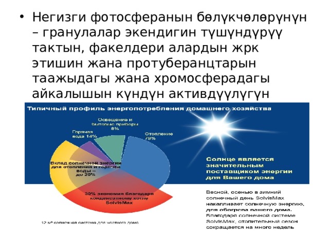 Негизги фотосферанын бөлүкчөлөрүнүн – гранулалар экендигин түшүндүрүү тактын, факелдери алардын жрк этишин жана протуберанцтарын таажыдагы жана хромосферадагы айкалышын күндүн активдүүлүгүн пайда болуусун көрсөтөт. 