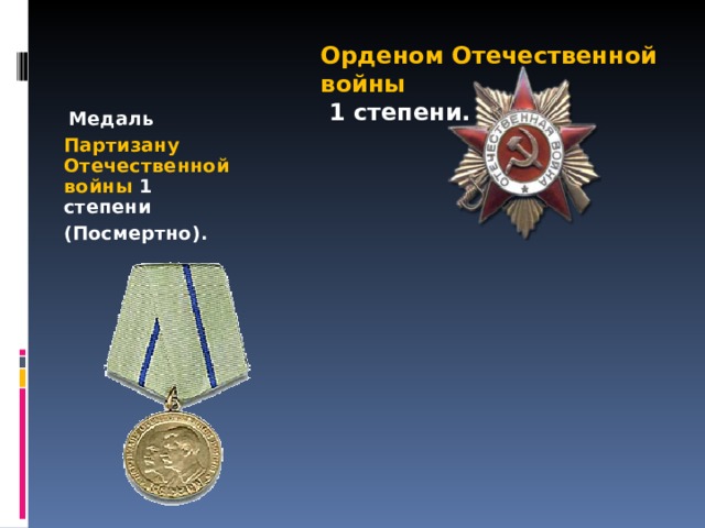 Орденом Отечественной войны  1 степени.  Медаль Партизану Отечественной войны 1 степени (Посмертно).  