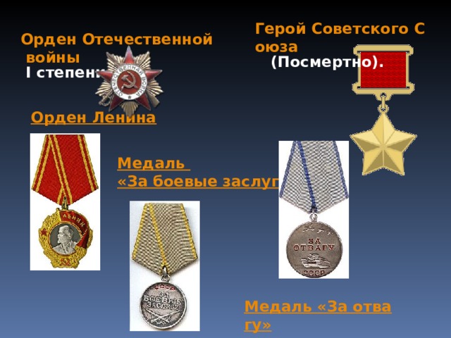 Герой Советского Союза  (Посмертно). Орден Отечественной войны I степени Орден Ленина   Медаль «За боевые заслуги»  Медаль «За отвагу»  