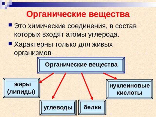 Органические вещества Это химические соединения, в состав которых входят атомы углерода. Характерны только для живых организмов Органические вещества жиры нуклеиновые кислоты (липиды) белки углеводы 