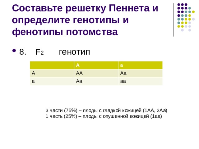 Составьте решетку Пеннета и определите генотипы и фенотипы потомства 8. F 2 генотип   А А а АА а Аа Аа аа 3 части (75%) – плоды с гладкой кожицей (1АА, 2Аа) 1 часть (25%) – плоды с опушенной кожицей (1аа) 