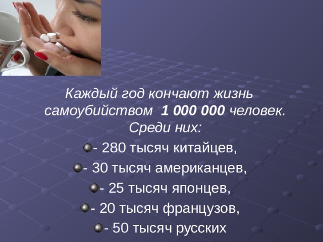 Каждый год кончают жизнь самоубийством 1 000 000 человек. Среди них: - 280 тысяч китайцев, - 30 тысяч американцев, - 25 тысяч японцев, - 20 тысяч французов, - 50 тысяч русских 