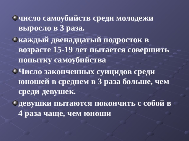 число самоубийств среди молодежи выросло в 3 раза. каждый двенадцатый подросток в возрасте 15-19 лет пытается совершить попытку самоубийства Число законченных суицидов среди юношей в среднем в 3 раза больше, чем среди девушек. девушки пытаются покончить с собой в 4 раза чаще, чем юноши 