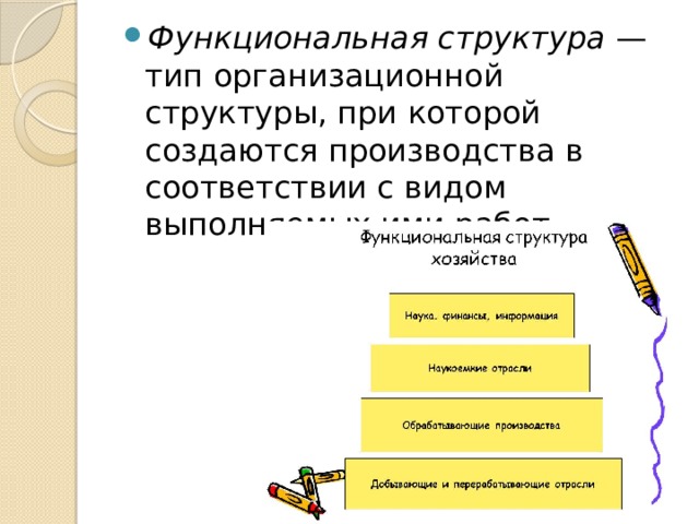 Функциональная структура — тип организационной структуры, при которой создаются производства в соответствии с видом выполняемых ими работ. 
