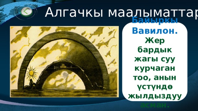 Алгачкы маалыматтар Байыркы Вавилон. Жер бардык жагы суу курчаган тоо, анын үстүндө жылдыздуу асман. 