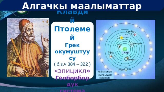 Алгачкы маалыматтар Клавдий Птолемей Грек окумуштуусу ( б.з.ч 384 – 322 ) «эпицикл » Геоборбордук система Күн Жер Кыймылсыз жылдыздар сферасы 