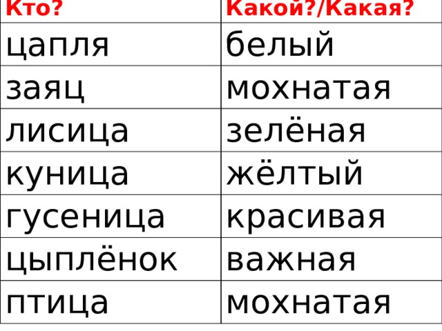 Кто? Какой?/Какая? цапля заяц белый лисица мохнатая зелёная куница гусеница жёлтый красивая цыплёнок птица важная мохнатая 