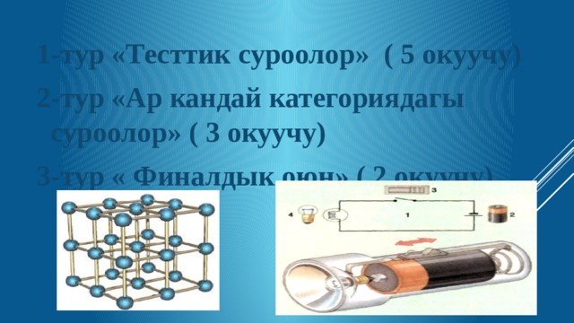 1-тур «Тесттик суроолор» ( 5 окуучу) 2-тур «Ар кандай категориядагы суроолор» ( 3 окуучу) 3-тур « Финалдык оюн» ( 2 окуучу) 