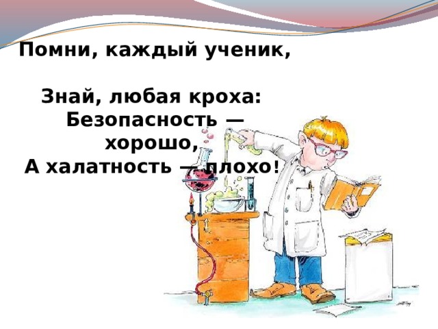 Помни, каждый ученик,  Знай, любая кроха:  Безопасность — хорошо,  А халатность — плохо ! 