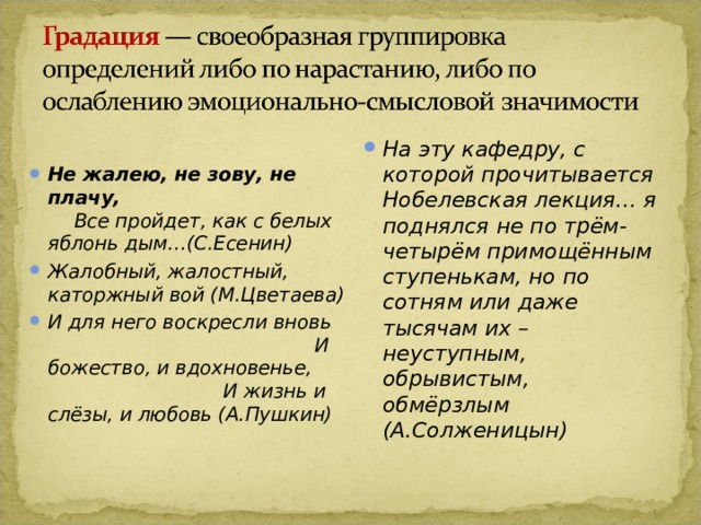 На эту кафедру, с которой прочитывается Нобелевская лекция… я поднялся не по трём-четырём примощённым ступенькам, но по сотням или даже тысячам их – неуступным, обрывистым, обмёрзлым (А.Солженицын) Не жалею, не зову, не плачу,  Все пройдет, как с белых яблонь дым…(С.Есенин) Жалобный, жалостный, каторжный вой (М.Цветаева) И для него воскресли вновь И божество, и вдохновенье, И жизнь и слёзы, и любовь (А.Пушкин) 