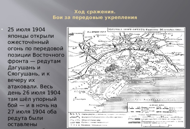 Ход сражения.  Бои за передовые укрепления   25 июля 1904 японцы открыли ожесточённый огонь по передовой позиции Восточного фронта — редутам Дагушань и Сяогушань, и к вечеру их атаковали. Весь день 26 июля 1904 там шёл упорный бой — и в ночь на 27 июля 1904 оба редута были оставлены русскими войсками. 