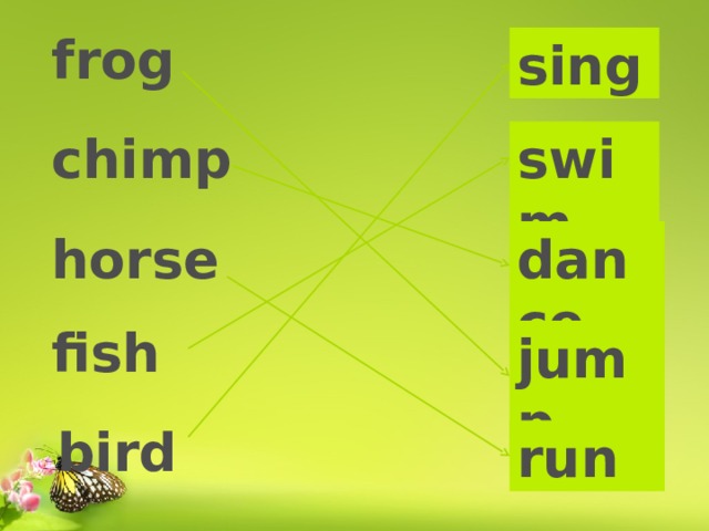 frog sing chimp swim horse dance fish jump bird run 