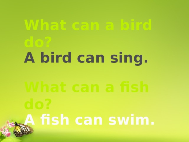 What can a bird do? A bird can sing. What can a fish do? A fish can swim. 