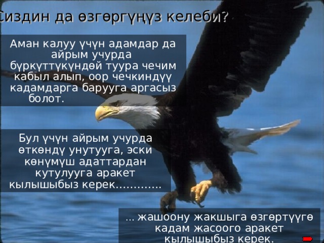 Сиздин да өзгөргүңүз келеби ? Аман калуу үчүн адамдар да айрым учурда бүркүттүкүндөй туура чечим кабыл алып, оор чечкиндүү кадамдарга барууга аргасыз болот.  Бул үчүн айрым учурда өткөндү унутууга, эски көнүмүш адаттардан кутулууга аракет кылышыбыз керек…………. Why is renewal needed? Many times, we have to retreat for awhile and start a renewal process To continue taking successful flights, we sometimes need to get rid of memories, habits and other past traditions Only freed from past burdens, can we take advantage of the valuable outcomes from a … RENEWAL … жашоону жакшыга өзгөртүүгө кадам жасоого аракет кылышыбыз керек . 