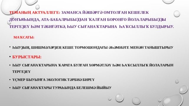 Теманың актуаллеге: Заманса йәшәргә омтолған кешелек донъяһында, ата-бабалрыбыҙҙан ҡалған боронғо йолаларыбыҙҙы тергеҙеү һәм тәбиғәткә, һыу сығанаҡтарына һаҡсыллыҡ булдырыу.  маҡсаты: Һыуҙың, шишмәләрҙең кеше тормошондағы әһәмиәте менән таныштырыу  бурыстары: Һыу сығанаҡтарына ҡарата булған хөрмәтләү һәм һаҡсыллыҡ йолаларын тергеҙеү Үҫмер быуынға экологик тәрбиә биреү Һыу сығанаҡтары тураһында белешмә йыйыу 