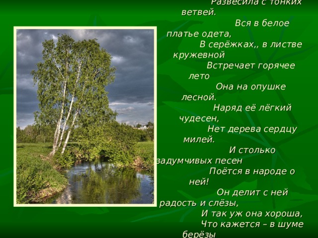  Чуть солнце пригрело откосы  И стало в лесу потеплей,  Берёзка зелёные косы   Развесила с тонких ветвей.  Вся в белое платье одета,  В серёжках,, в листве кружевной  Встречает горячее лето  Она на опушке лесной.  Наряд её лёгкий чудесен,  Нет дерева сердцу милей.  И столько задумчивых песен  Поётся в народе о ней!  Он делит с ней радость и слёзы,  И так уж она хороша,  Что кажется – в шуме берёзы  Есть русская наша душа.  В. Рождественский.  Берёзка. 1950-е 