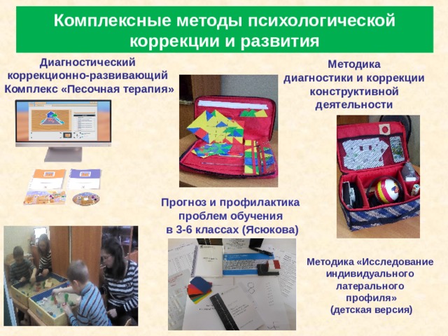 Комплексные методы психологической коррекции и развития Диагностический коррекционно-развивающий Комплекс «Песочная терапия» Методика диагностики и коррекции конструктивной деятельности Прогноз и профилактика проблем обучения в 3-6 классах (Ясюкова) Методика «Исследование индивидуального латерального профиля» (детская версия) 
