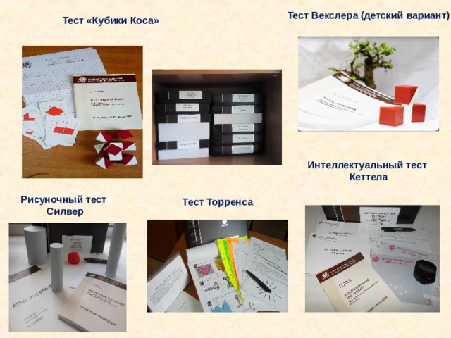 Тест Векслера (детский вариант) Тест «Кубики Коса» Интеллектуальный тест Кеттела Рисуночный тест Силвер Тест Торренса 