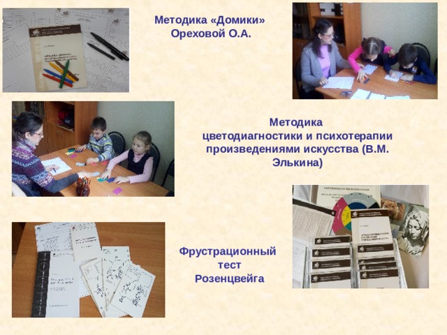 Методика «Домики» Ореховой О.А. Методика цветодиагностики и психотерапии произведениями искусства (В.М. Элькина) Фрустрационный тест Розенцвейга 