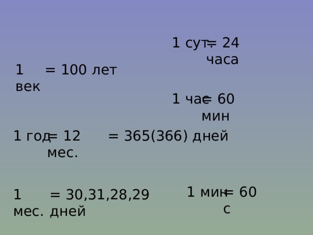 = 24 часа 1 сут. 1 век = 100 лет 1 час = 60 мин 1 год = 12 мес.  = 365(366) дней = 60 с 1 мин 1 мес. = 30,31,28,29 дней 